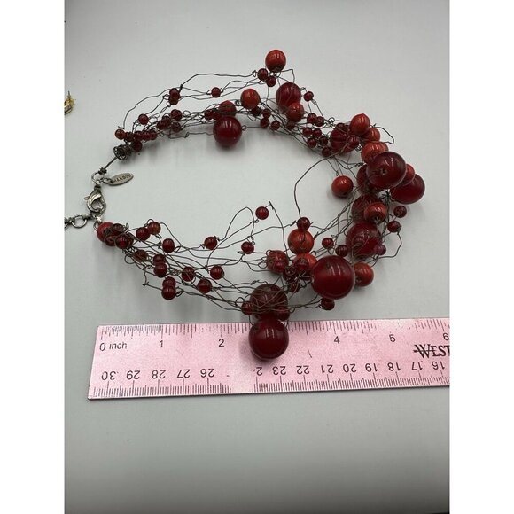 Manouk Red Necklace Multi Strand Wire Wrap Statement Brass Tone Boho Jewelry - Picture 11 of 11